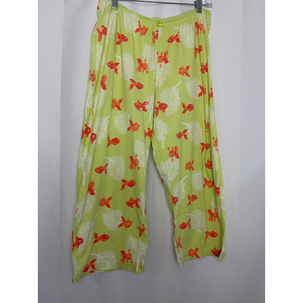 Hue Womens Large Goldfish Print Pajama Pants Lime Green 100% Cotton Crop Lounge